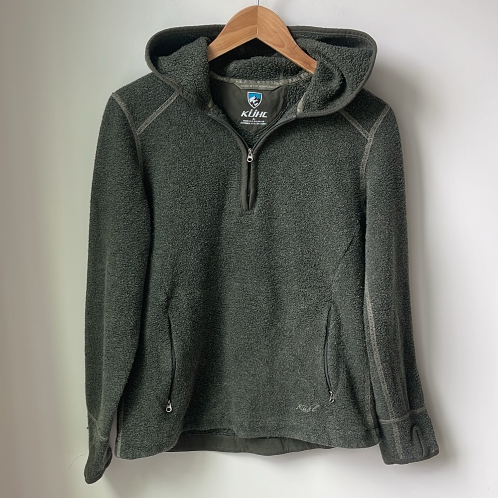 Kuhl Women's Alfpaca Fleece 1/4 Zip Hoodie Olive Green Thumbholes Size S